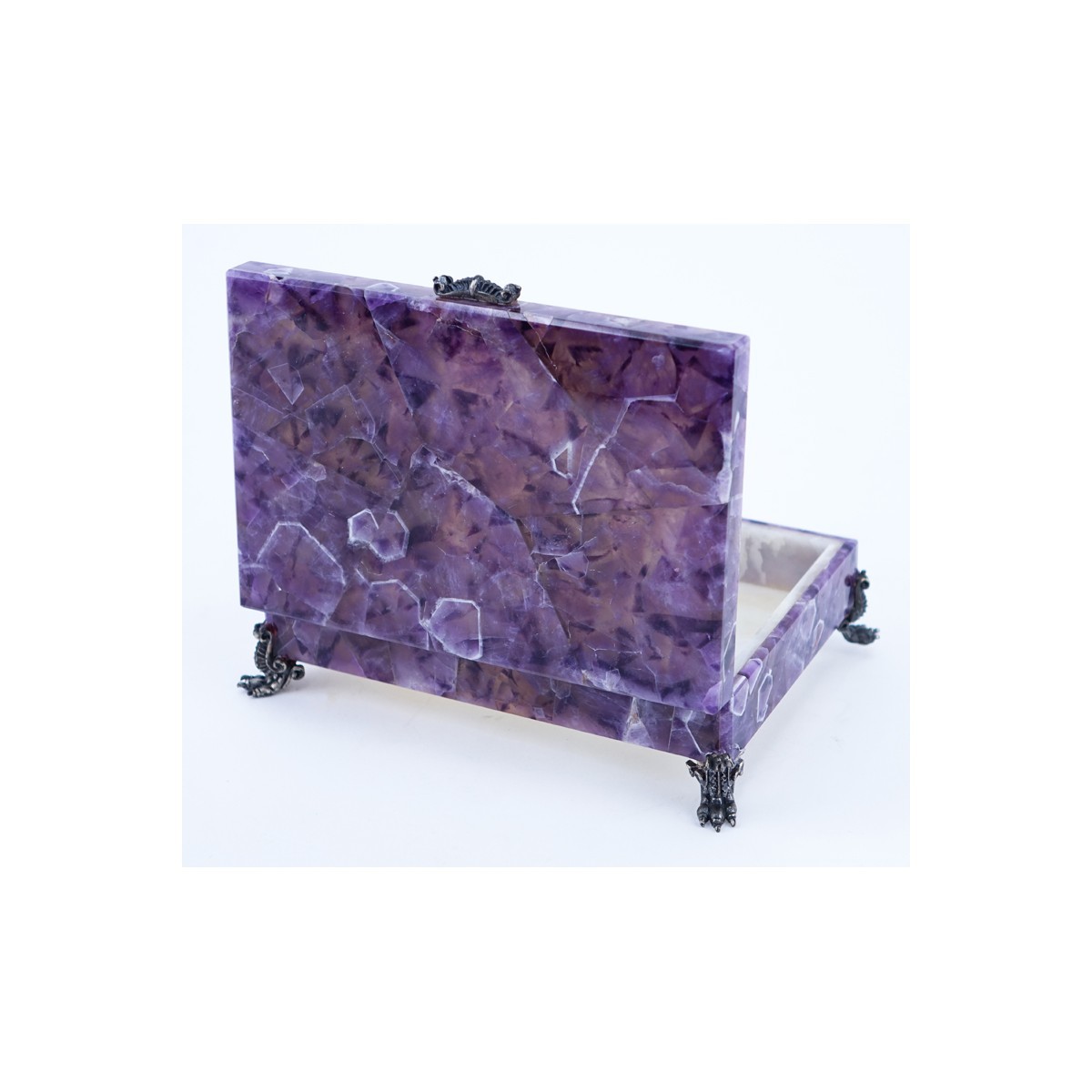 Vintage Amethyst Hinged Covered Box with 800 Silver Claw Feet. Stamped.