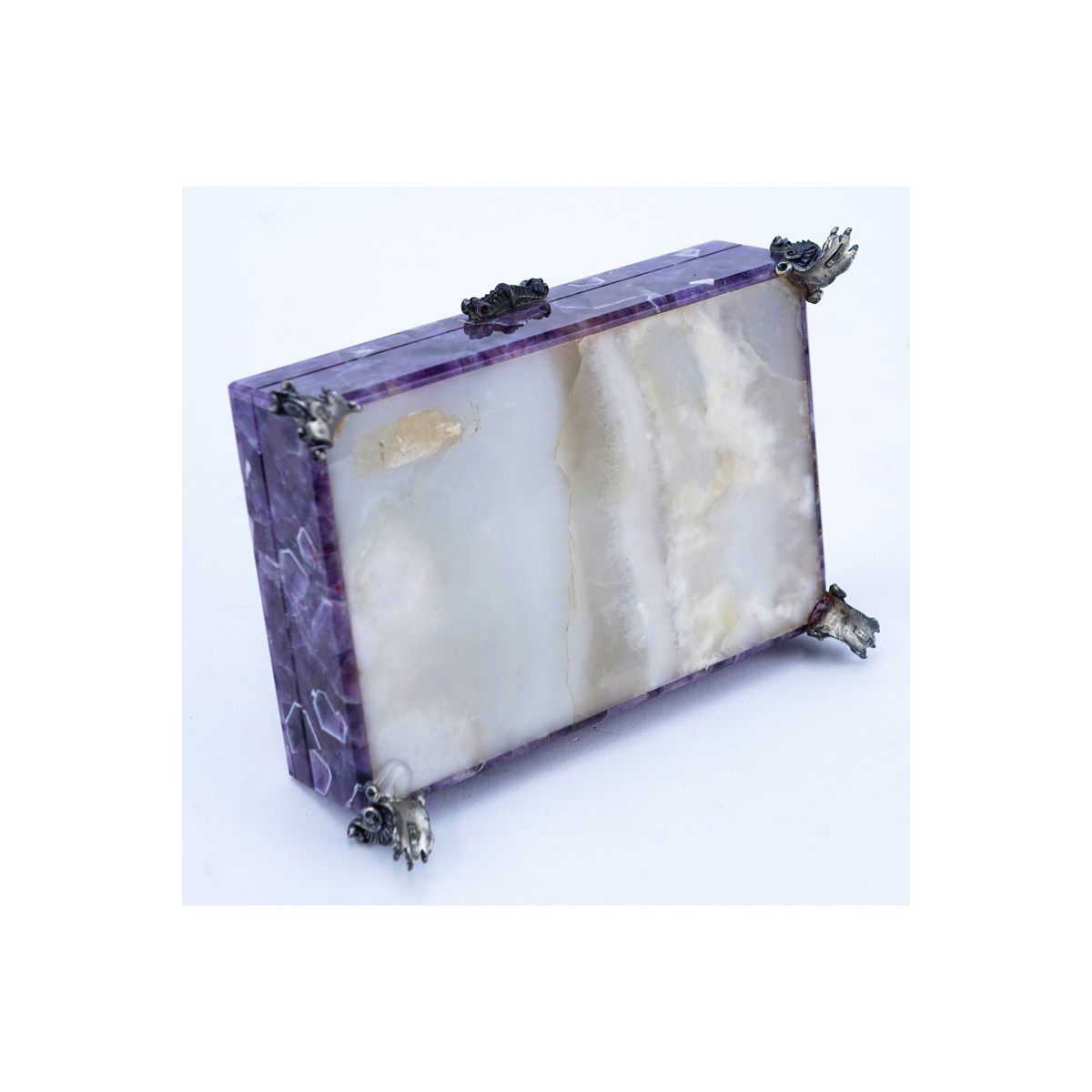 Vintage Amethyst Hinged Covered Box with 800 Silver Claw Feet. Stamped.