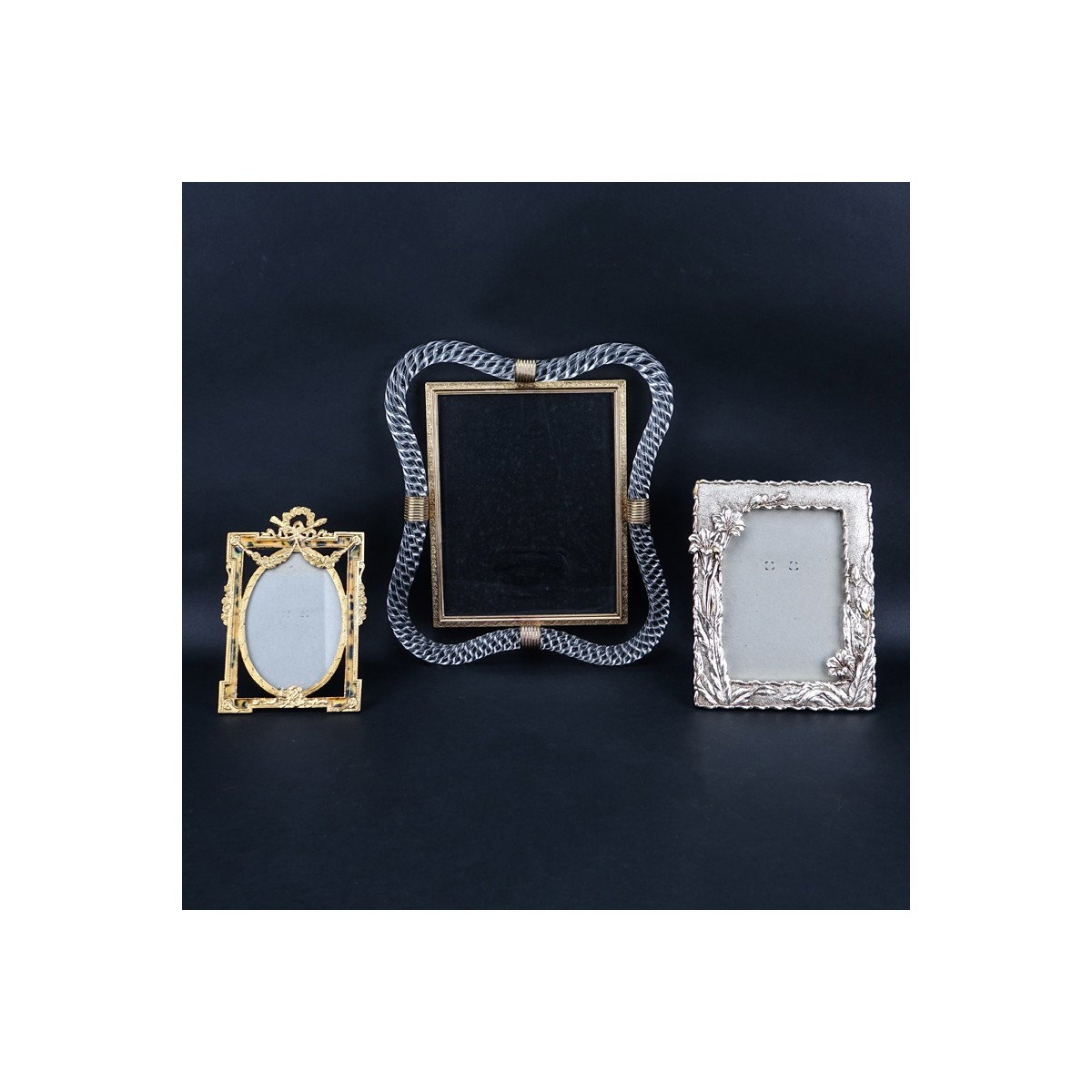 Grouping of Three (3): Mid Century Murano Style Picture Frame, Two Antique Style Picture Frames. All in good condition.