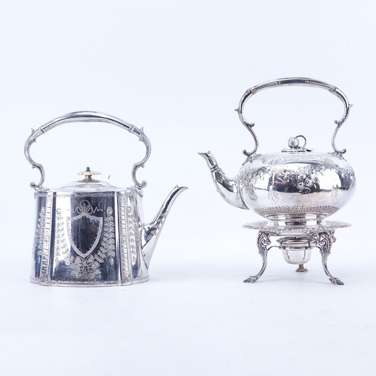 Grouping of Two (2): Philip Ashbury & Sons Sheffield Silver Plate Tea Pot, English Silver Plate Tea Pot with Warming Stand. Each marked on base, English tea pot has hallmarks to base.