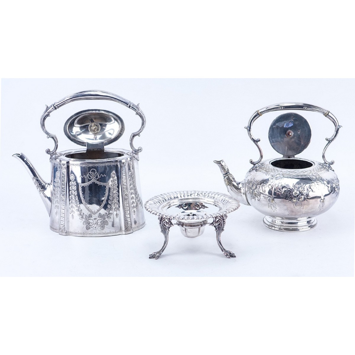 Grouping of Two (2): Philip Ashbury & Sons Sheffield Silver Plate Tea Pot, English Silver Plate Tea Pot with Warming Stand. Each marked on base, English tea pot has hallmarks to base.