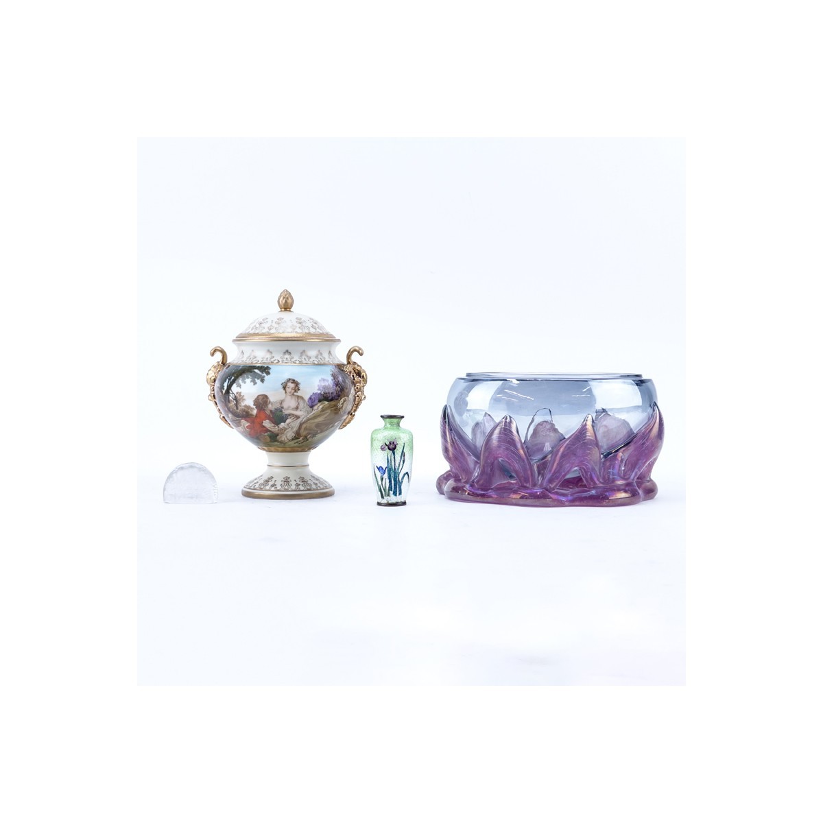 Grouping of Four (4): Mid Century Art Glass Bowl, Lalique Crystal Paperweight, Antique Miniature Japanese Cloisonné Vase, Vintage Porcelain Covered Urn. Cloisonné vase and Lalique paperweight are signed.
