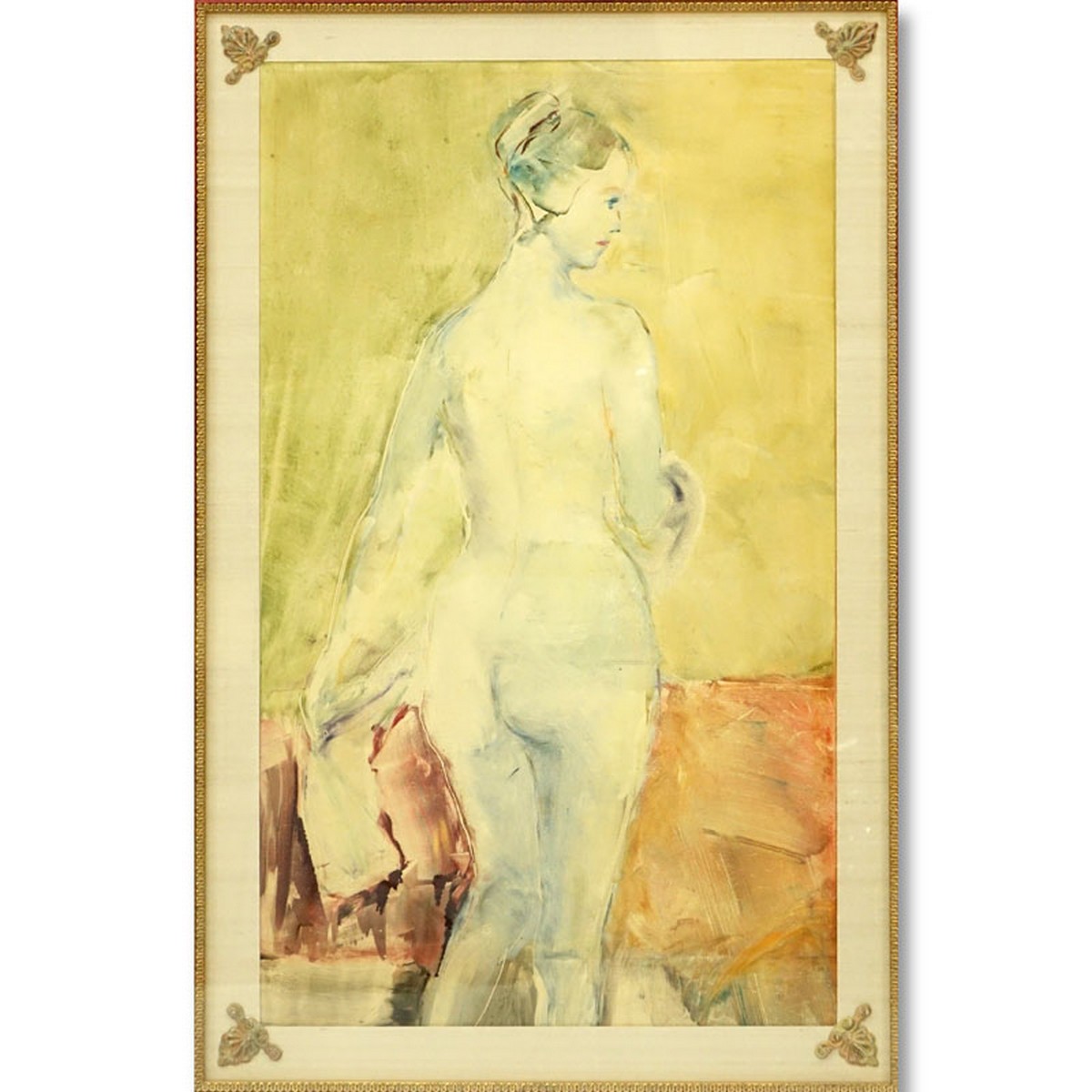 Large Modern Watercolor on Paper, Nude in Interior Scene, Unsigned. Good condition.