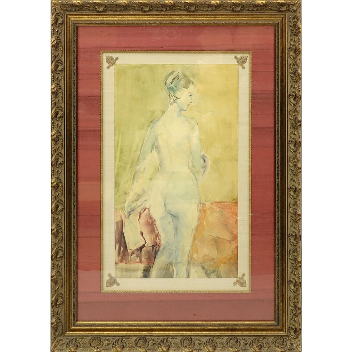 Large Modern Watercolor on Paper, Nude in Interior Scene, Unsigned. Good condition.
