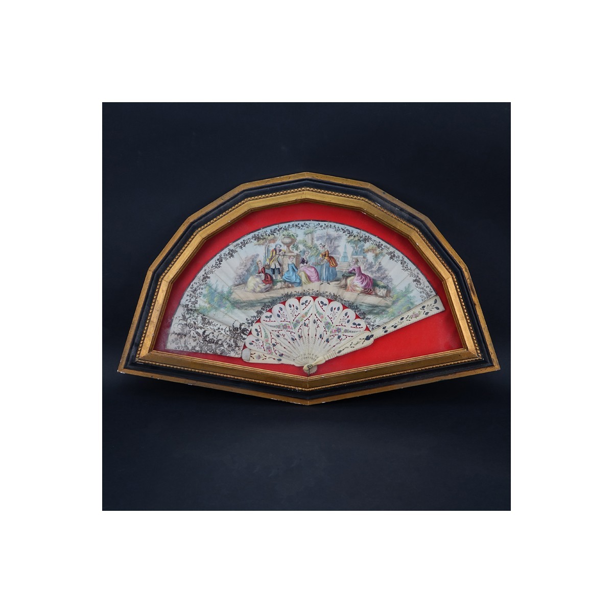 Antique Victorian Hand Painted Silk and Bone Fan Mounted in Shadowbox Frame. Condition consistent with age, some fraying to silk, rubbing.