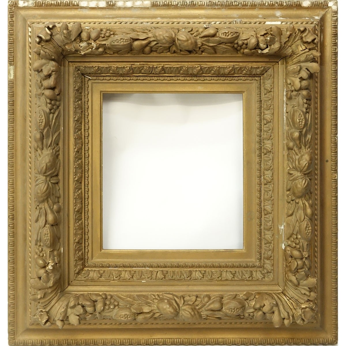 Antique Ornate Gilt Carved Wood and Gesso Frame. Condition consistent with age, some losses and cracks, rubbing.