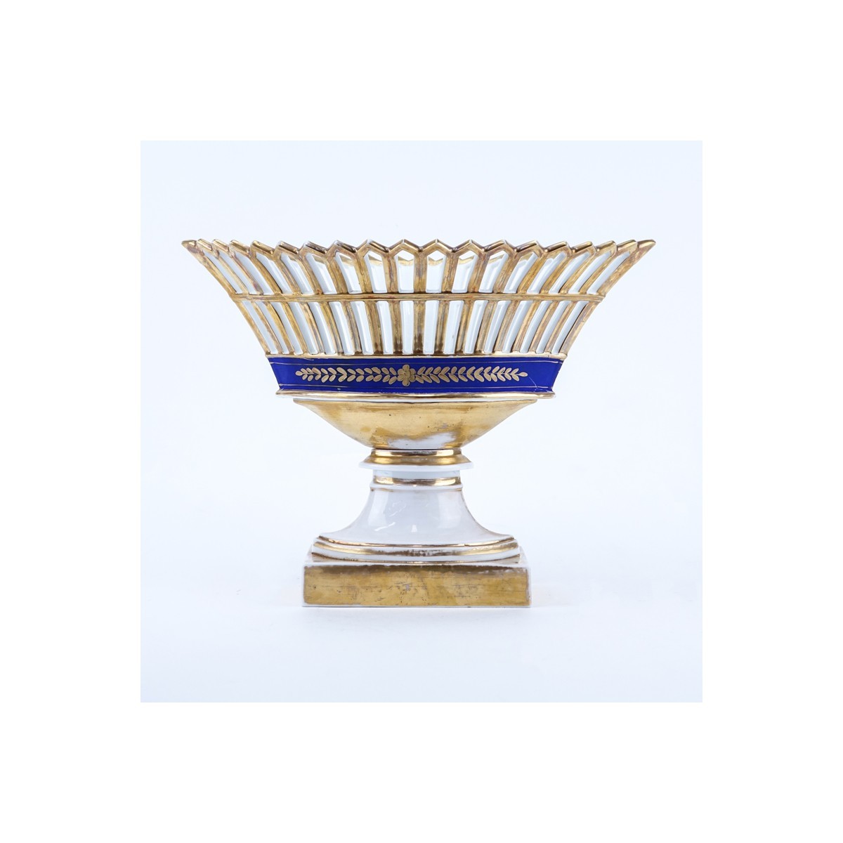 French Empire Style Cobalt and Gilt Reticulate Porcelain Compote. Unsigned.