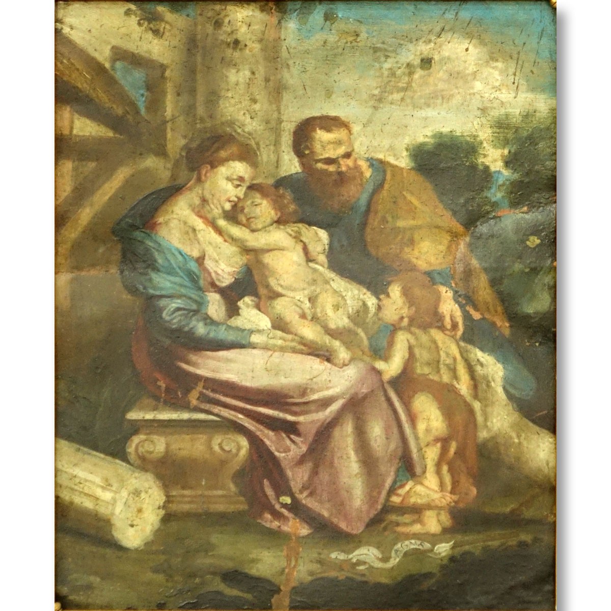 Antique Old Master Oil Painting on Tin, Religious Scene at the Italian Ruins. Restoration and paint loss, spotting.