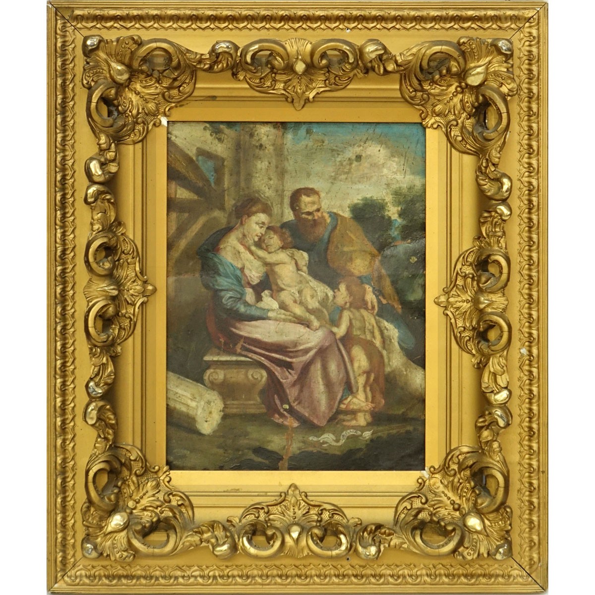 Antique Old Master Oil Painting on Tin, Religious Scene at the Italian Ruins. Restoration and paint loss, spotting.