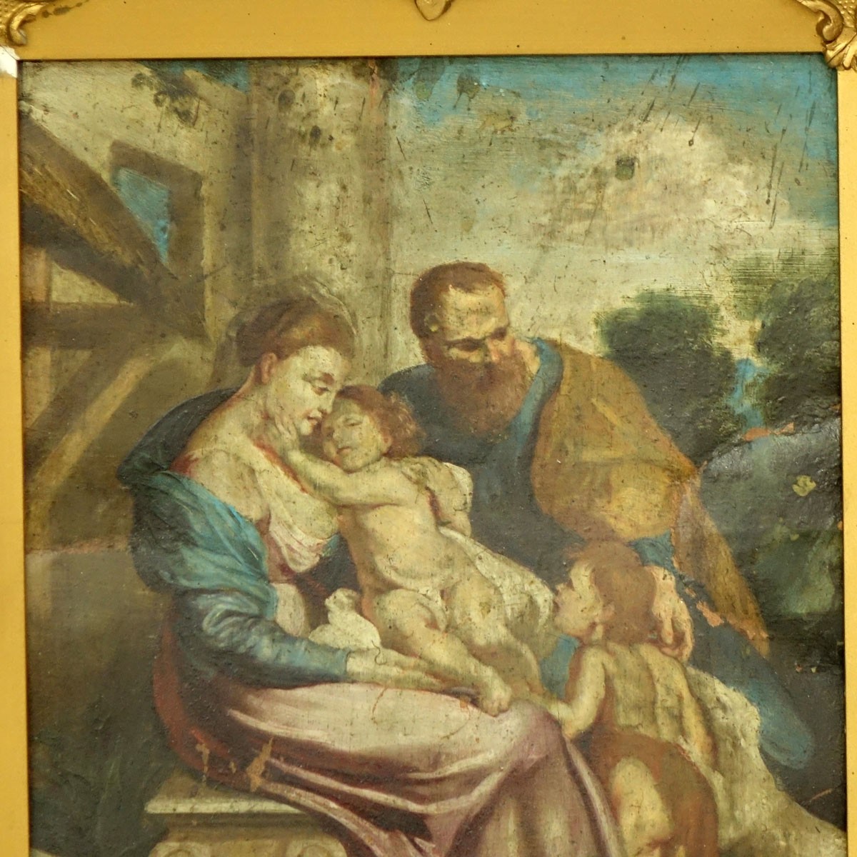 Antique Old Master Oil Painting on Tin, Religious Scene at the Italian Ruins. Restoration and paint loss, spotting.