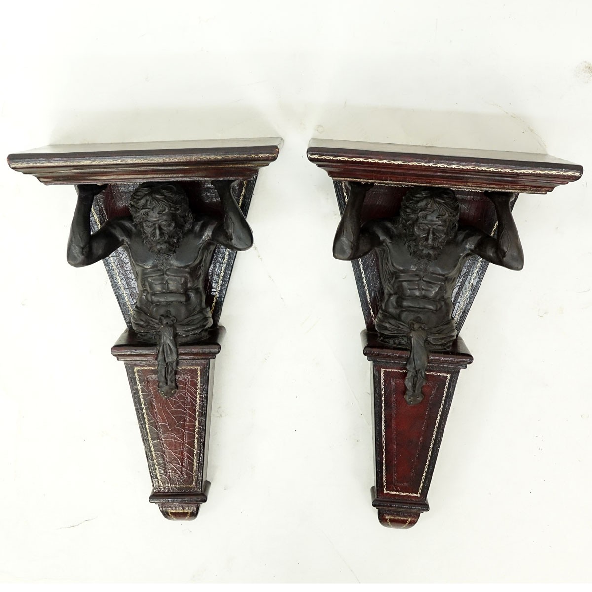 Pair of Renaissance Style, Figural Bronze and Textured Wood Wall Brackets. Nicks and rubbing, crackle to surface.