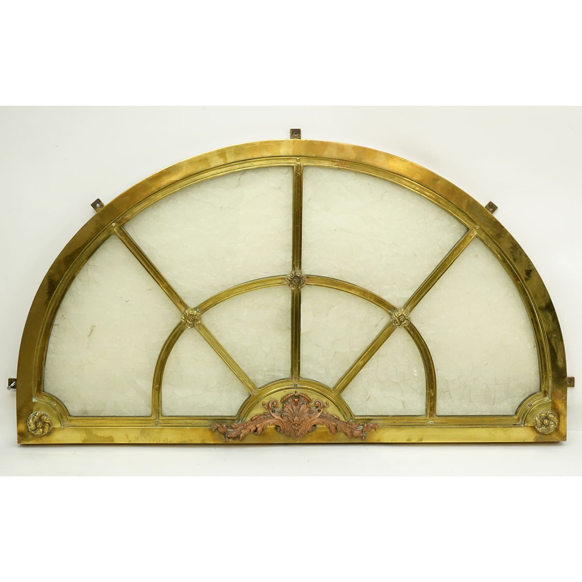 Antique Gilt Bronze and Glass Transom. Rubbing to gilt, some spotting discoloration.