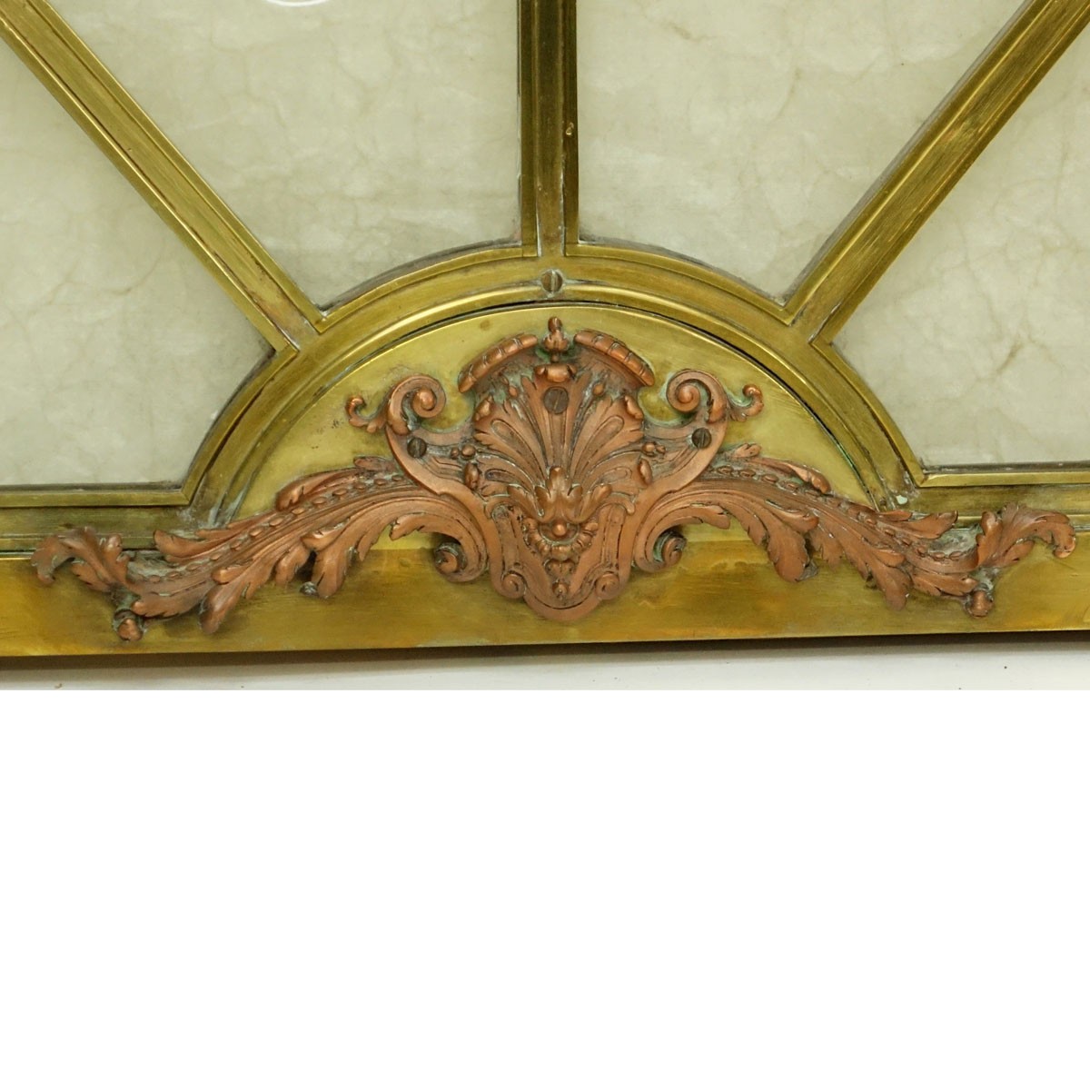 Antique Gilt Bronze and Glass Transom. Rubbing to gilt, some spotting discoloration.