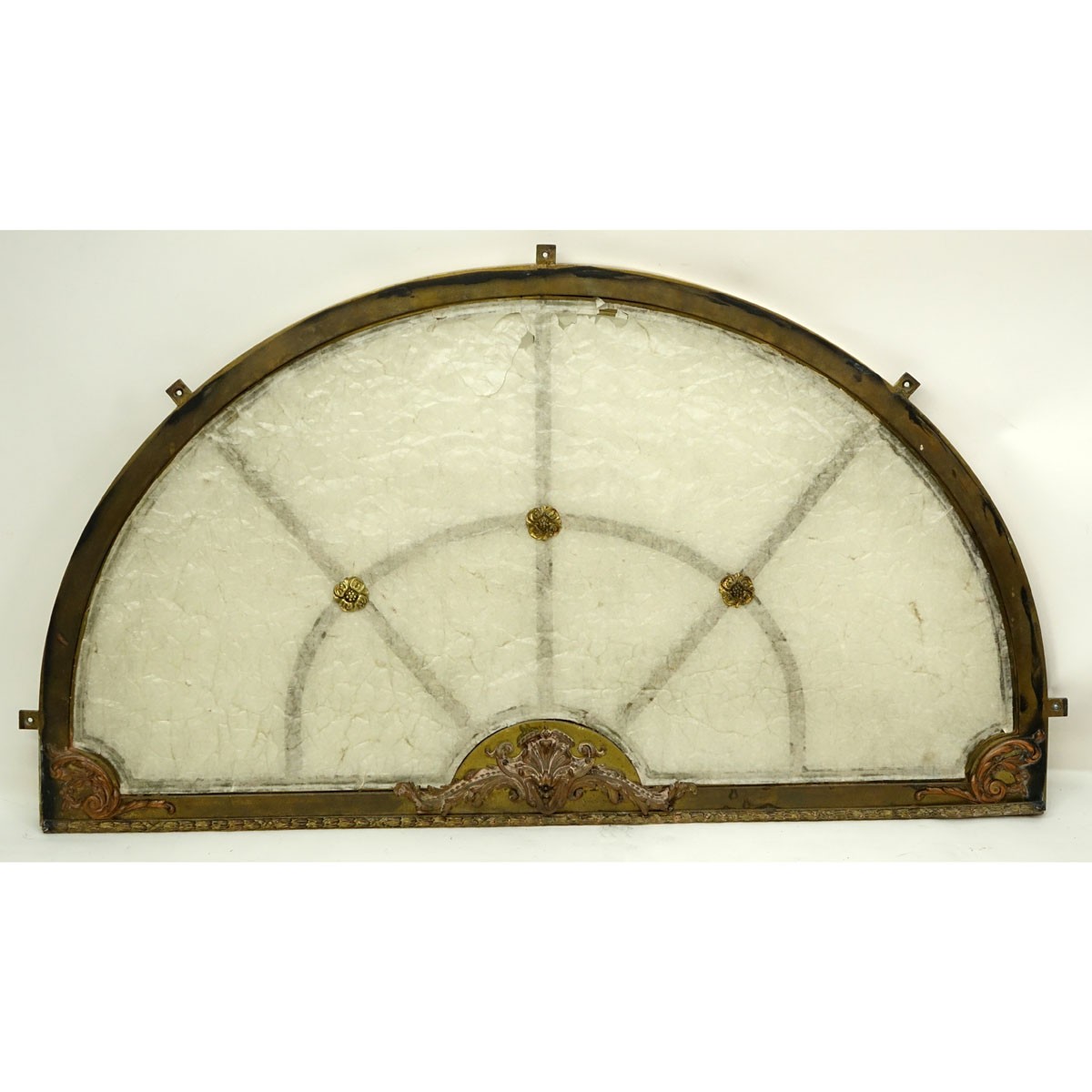 Antique Gilt Bronze and Glass Transom. Rubbing to gilt, some spotting discoloration.