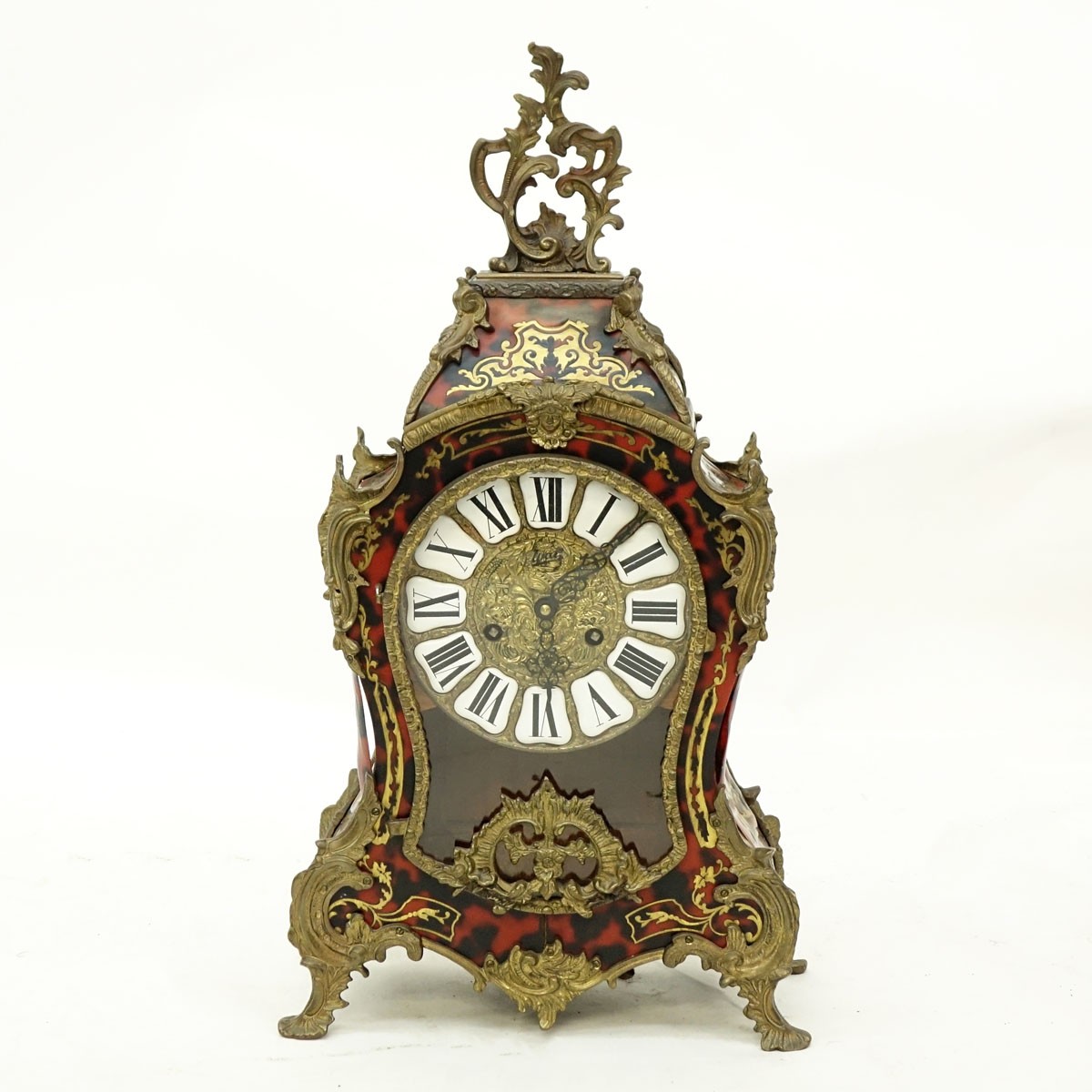 Modern French Boulle Style Gilt Brass Mounted Bracket Clock. Enameled mounted dial with Roman numerals, key and pendulum included.