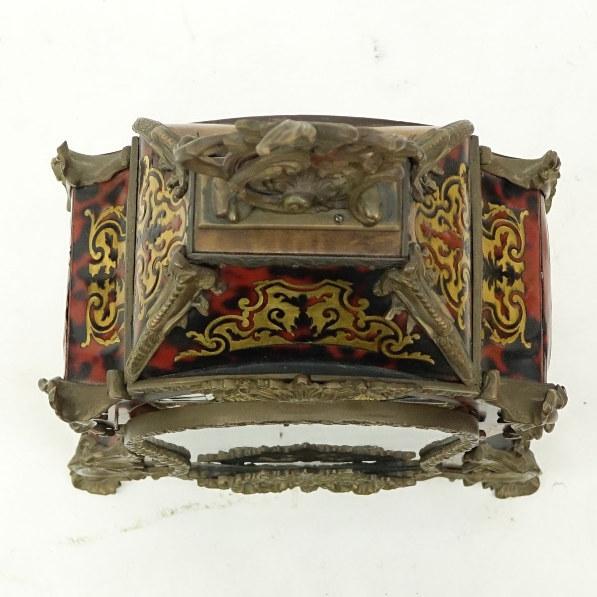 Modern French Boulle Style Gilt Brass Mounted Bracket Clock. Enameled mounted dial with Roman numerals, key and pendulum included.