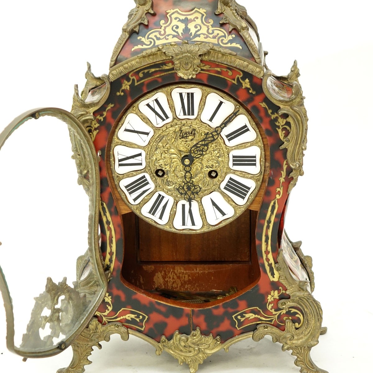 Modern French Boulle Style Gilt Brass Mounted Bracket Clock. Enameled mounted dial with Roman numerals, key and pendulum included.