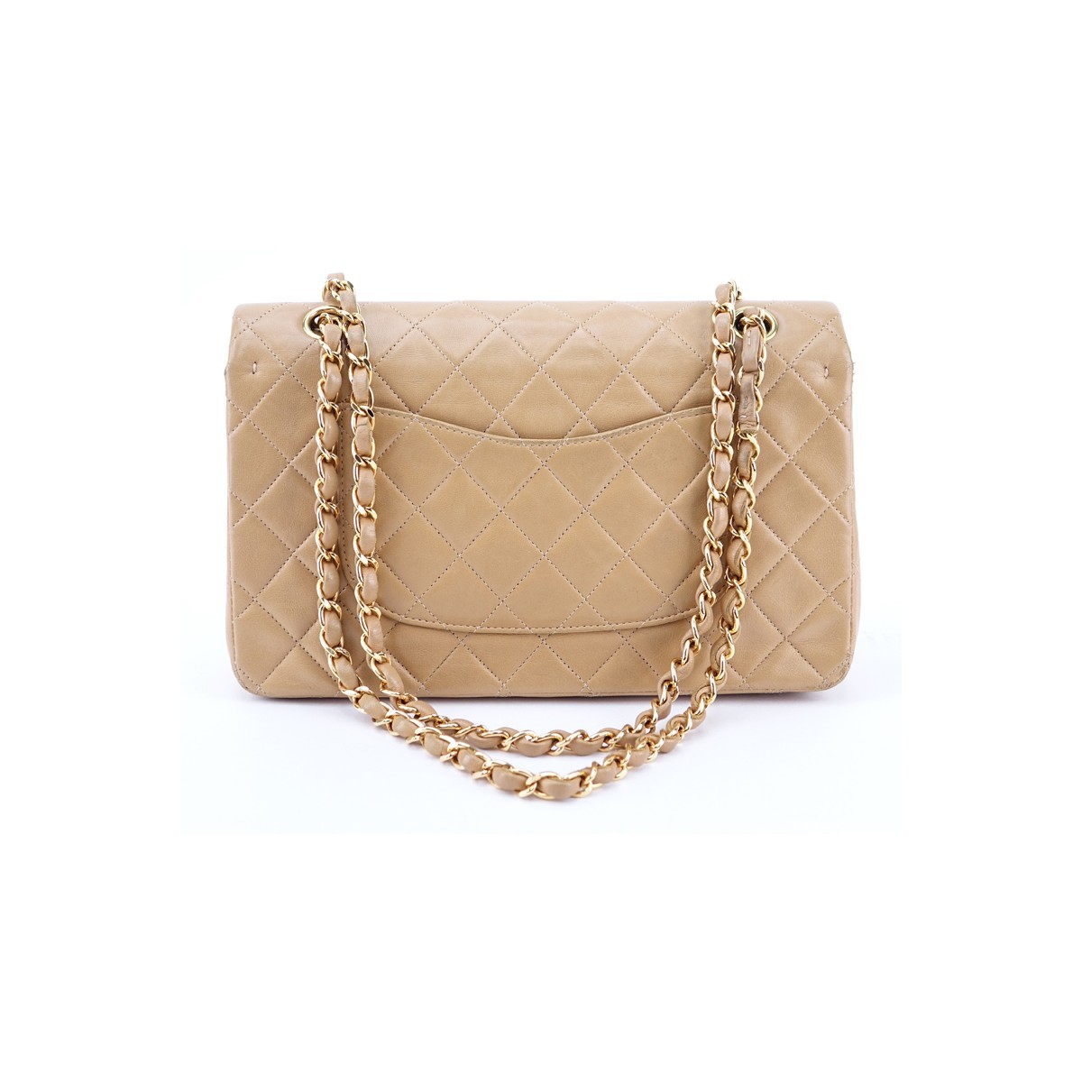 Chanel Dark Beige Quilted Leather Classic Double Flap 26 Handbag. Gold tone hardware, matching leather interior with patch and zippered pockets.