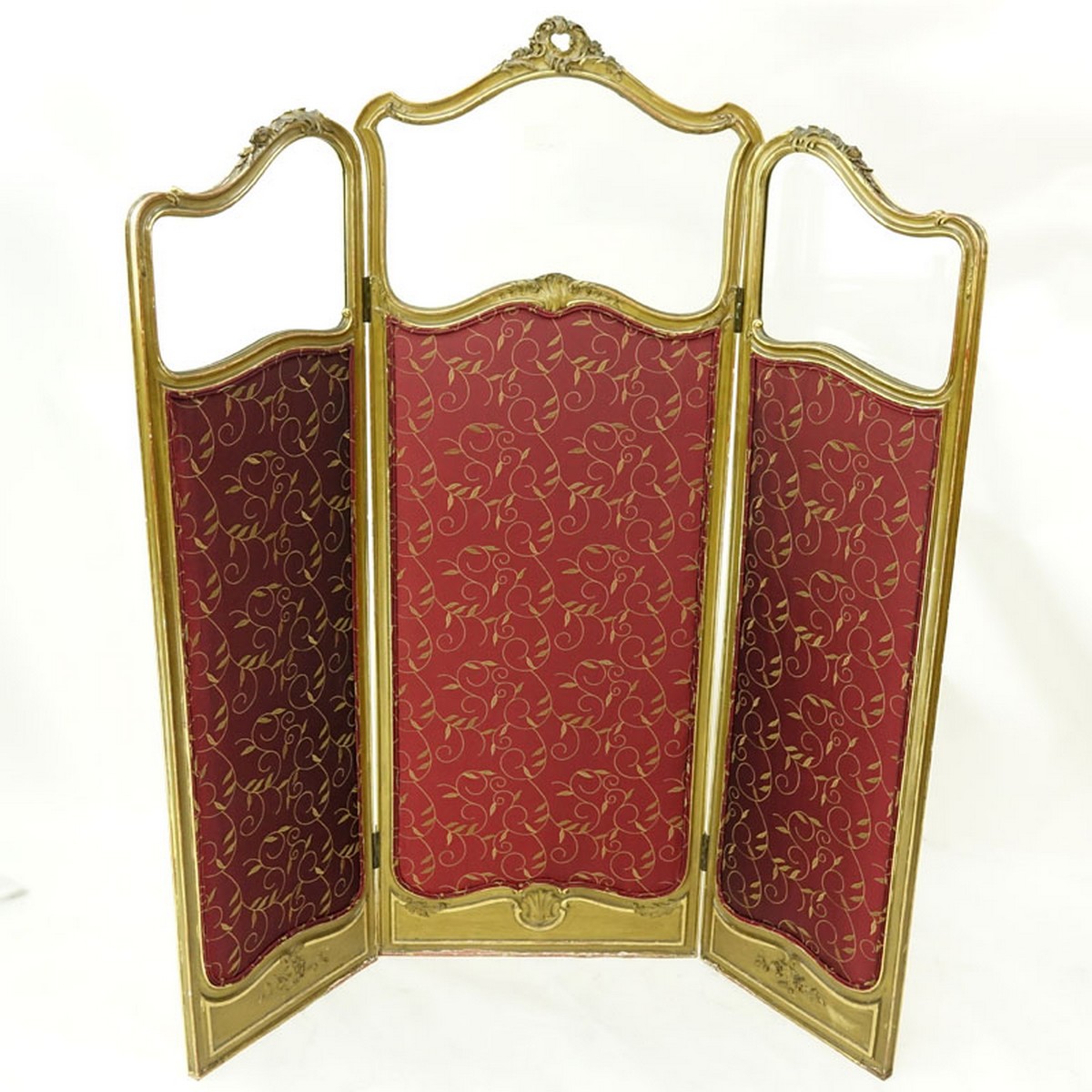 20th Century Louis XVI Style French Giltwood Carved and Silk Upholstered Three Panel Screen. Scratches to wood and rubbing to gilt, small loss to finial.