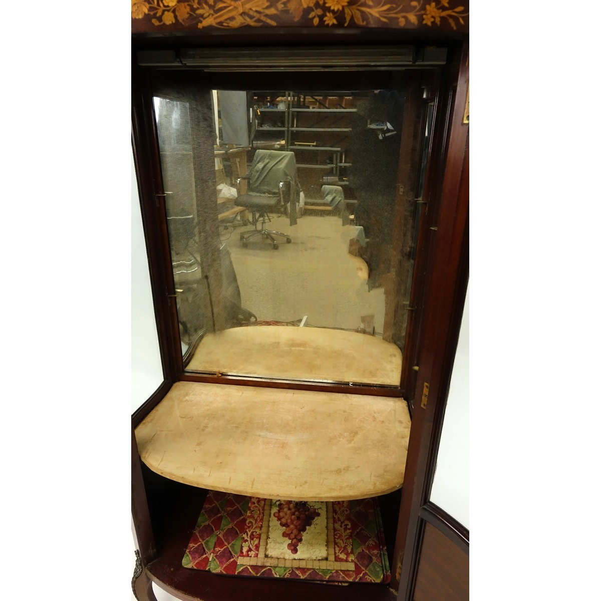 Tall Mid Century French Louis XVI Style Inlaid, Gilt Brass Mounted Vitrine. Floral inlay throughput the panel and top apron, gallery, stands on curved tapering legs, key included.