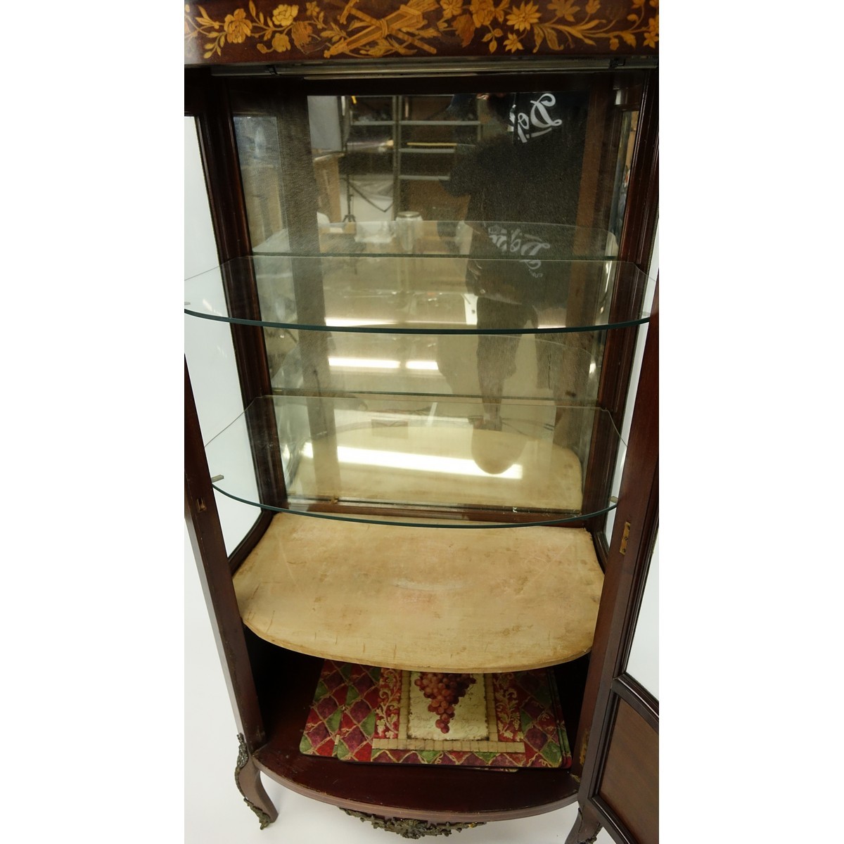 Tall Mid Century French Louis XVI Style Inlaid, Gilt Brass Mounted Vitrine. Floral inlay throughput the panel and top apron, gallery, stands on curved tapering legs, key included.