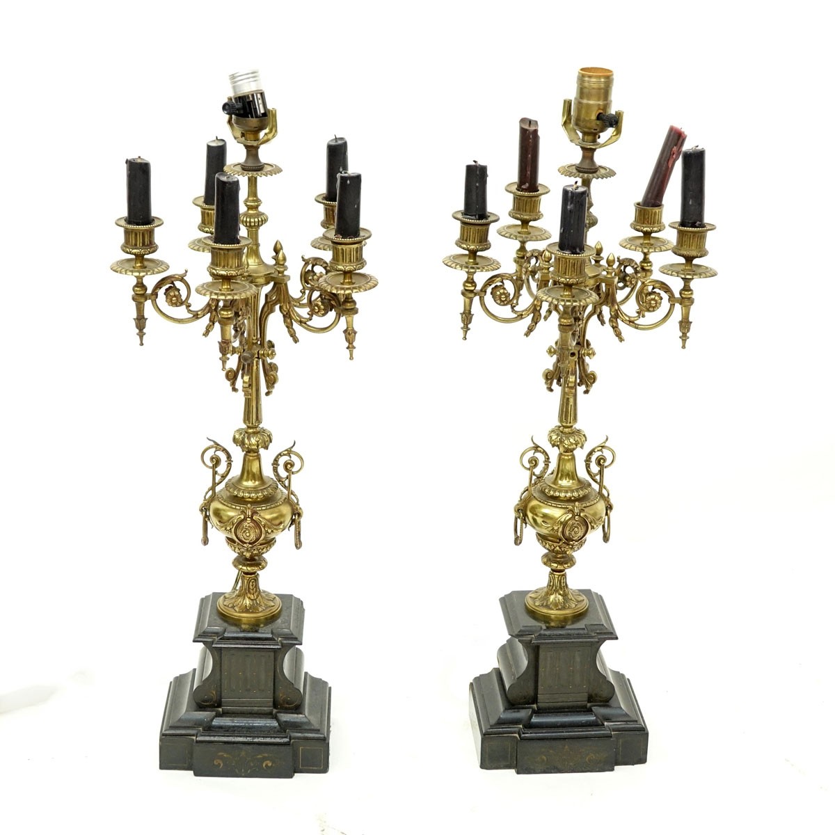 Pair of Gilt Bronze Candelabra Lamps Mounted on Marble Base. Rubbing to gilt, chips and  nicks to marble.