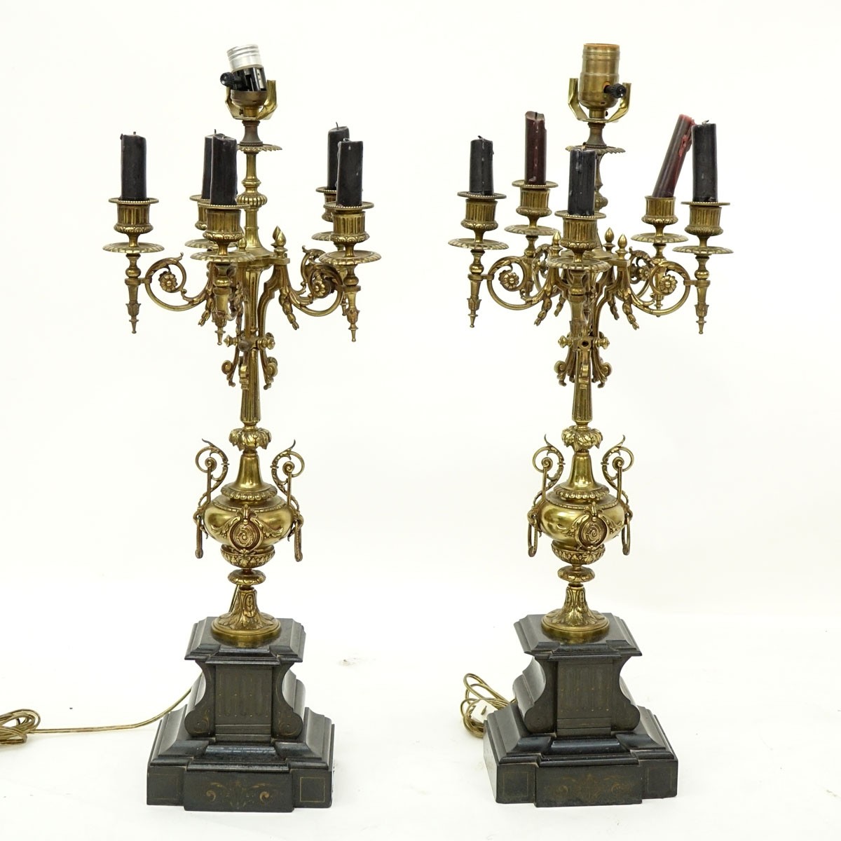 Pair of Gilt Bronze Candelabra Lamps Mounted on Marble Base. Rubbing to gilt, chips and  nicks to marble.