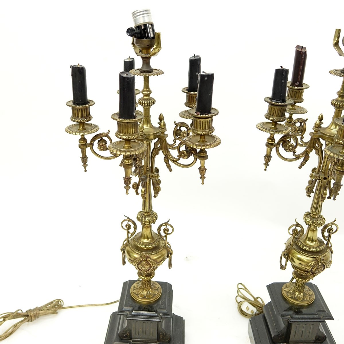 Pair of Gilt Bronze Candelabra Lamps Mounted on Marble Base. Rubbing to gilt, chips and  nicks to marble.