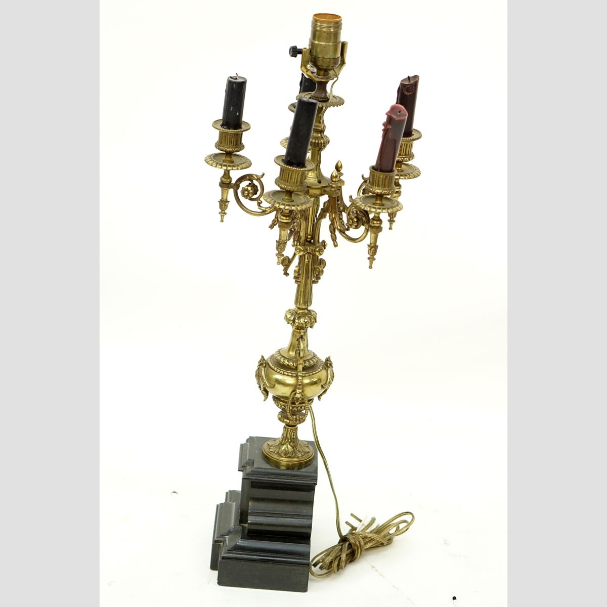 Pair of Gilt Bronze Candelabra Lamps Mounted on Marble Base. Rubbing to gilt, chips and  nicks to marble.