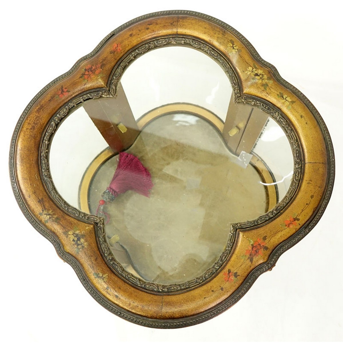 20th Century French Gilt and Floral Painted Vitrine with Brass Fittings. Two large curved fitted doors with single glass shelve, key included.