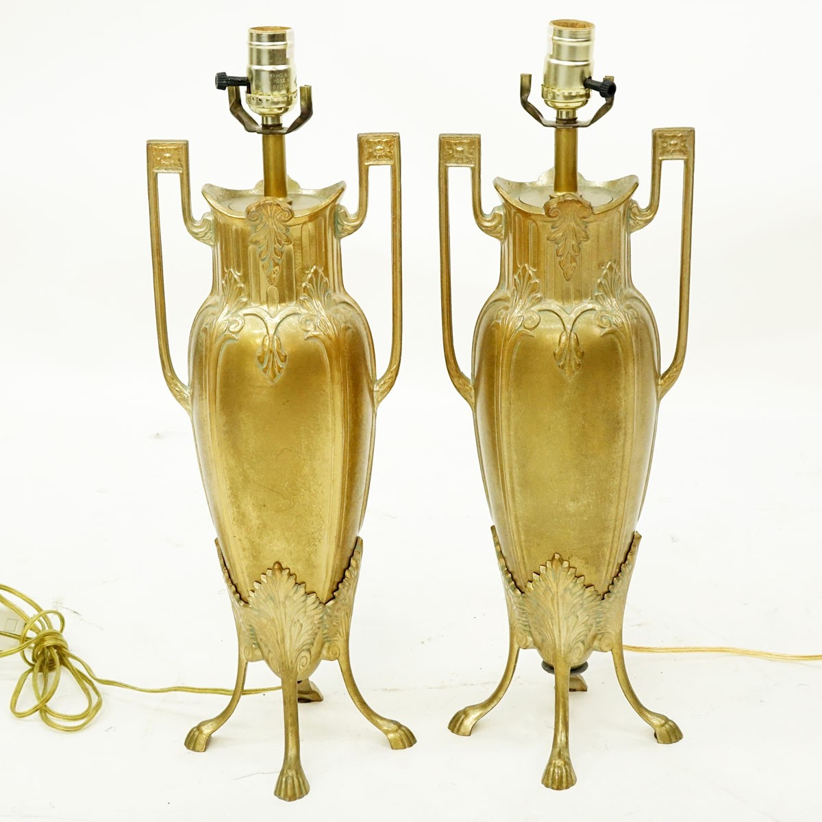 Pair of Art Nouveau Style Gilt Brass Lamps. Good condition.