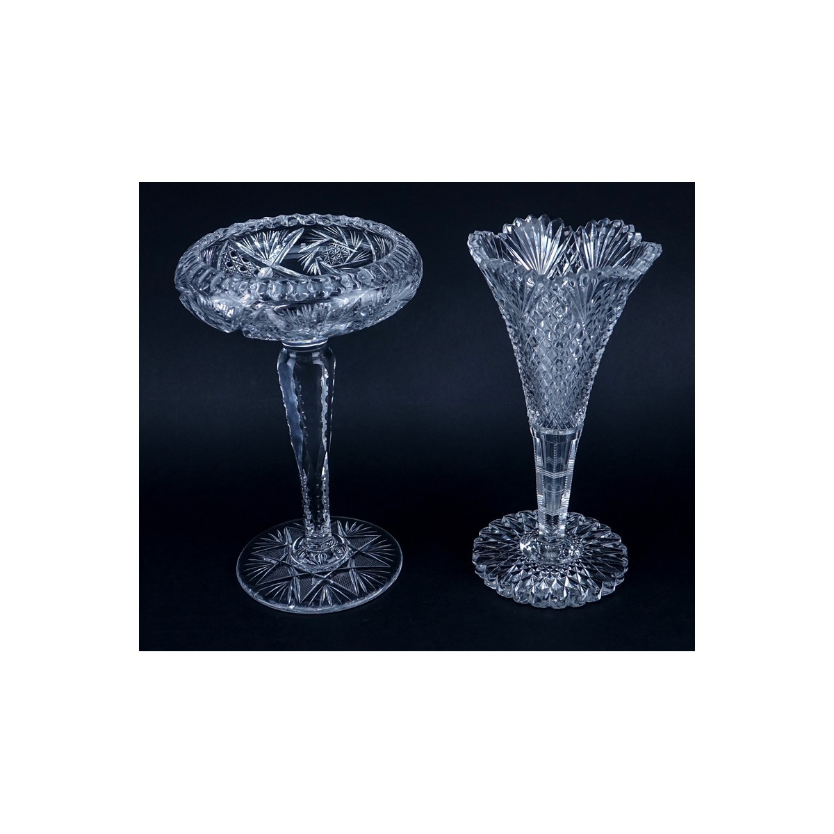 Grouping of Five (5) Cut Crystal Tableware. Includes: compote, vase, covered box, and 2 open bowls.
