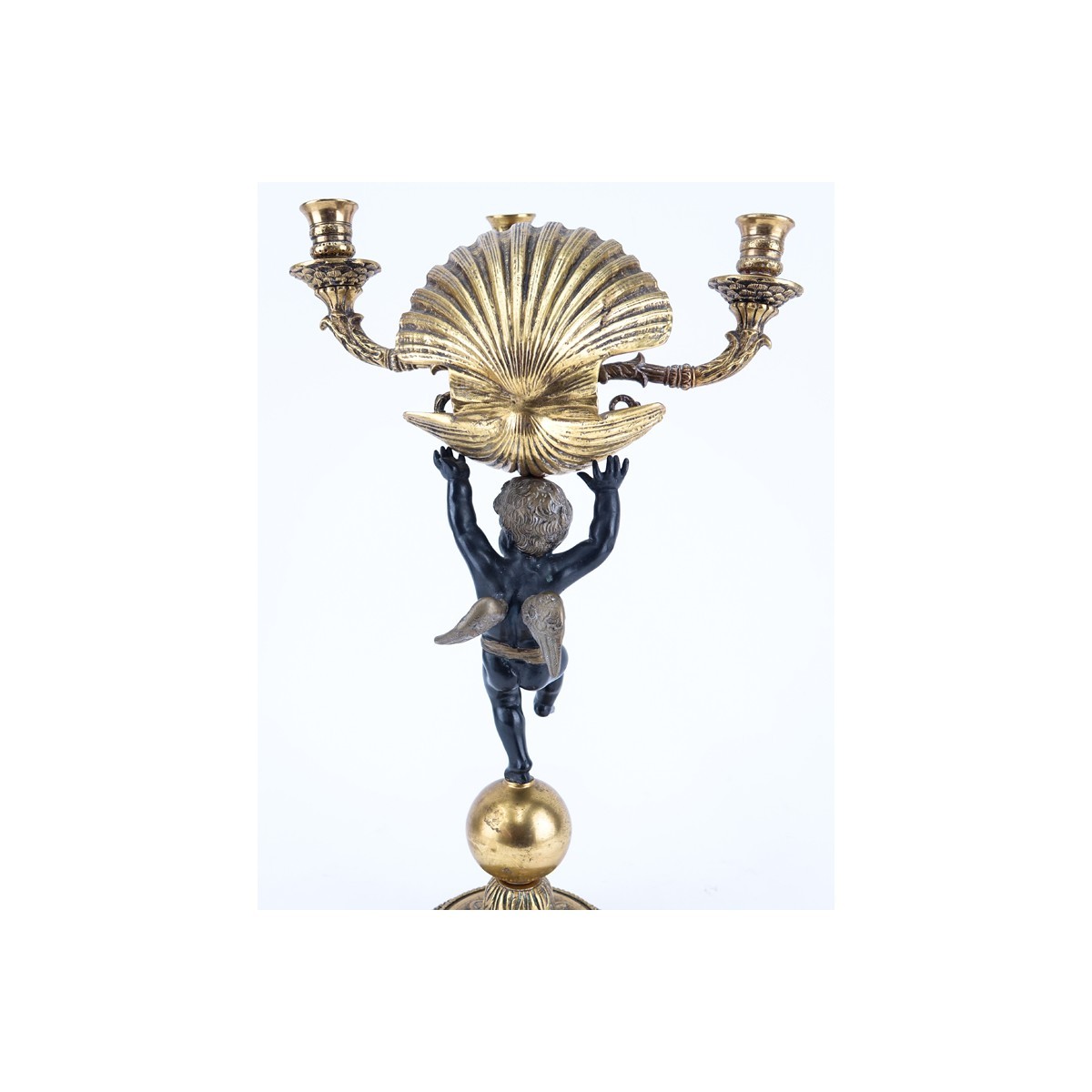 19/20th Century Empire Style Gilt Brass Three Arm Candelabrum with Cherub and Shell. Rubbing to gilt overall good condition.