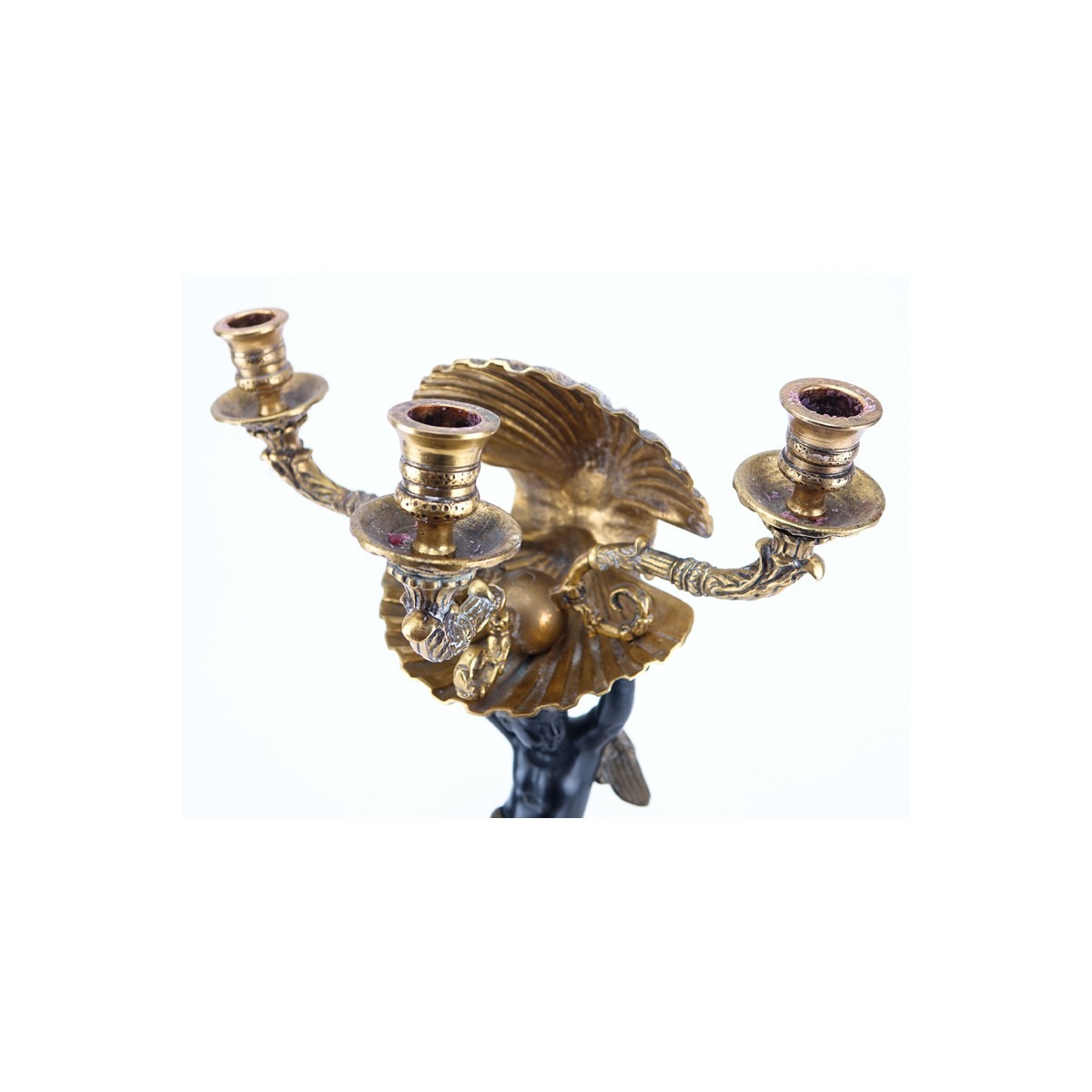 19/20th Century Empire Style Gilt Brass Three Arm Candelabrum with Cherub and Shell. Rubbing to gilt overall good condition.