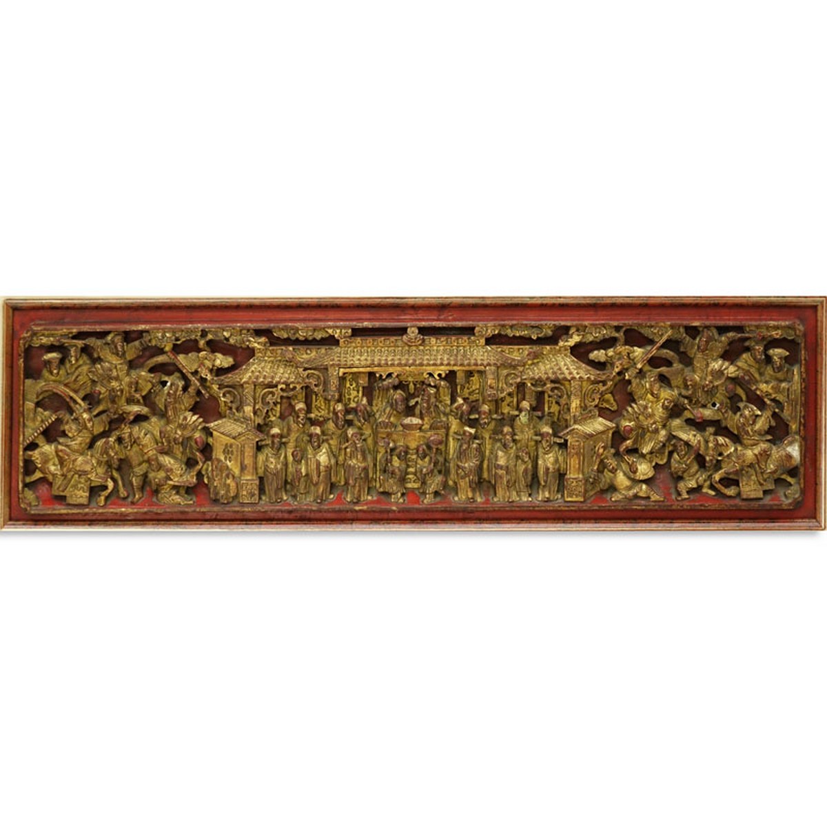 Chinese Gilt Painted and  Deep Relief Carved Wood Scenic Panel. Rubbing to gilt.