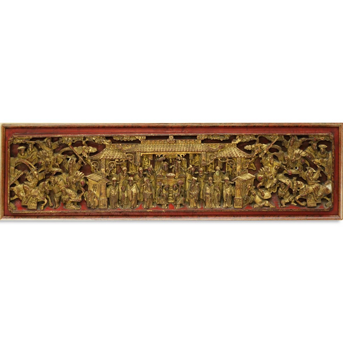 Chinese Gilt Painted and  Deep Relief Carved Wood Scenic Panel. Rubbing to gilt.