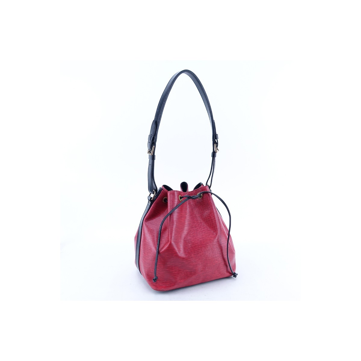 Louis Vuitton Red/Black Epi Leather Noe Bicolor PM Bag. Golden brass hardware, black suede interior.