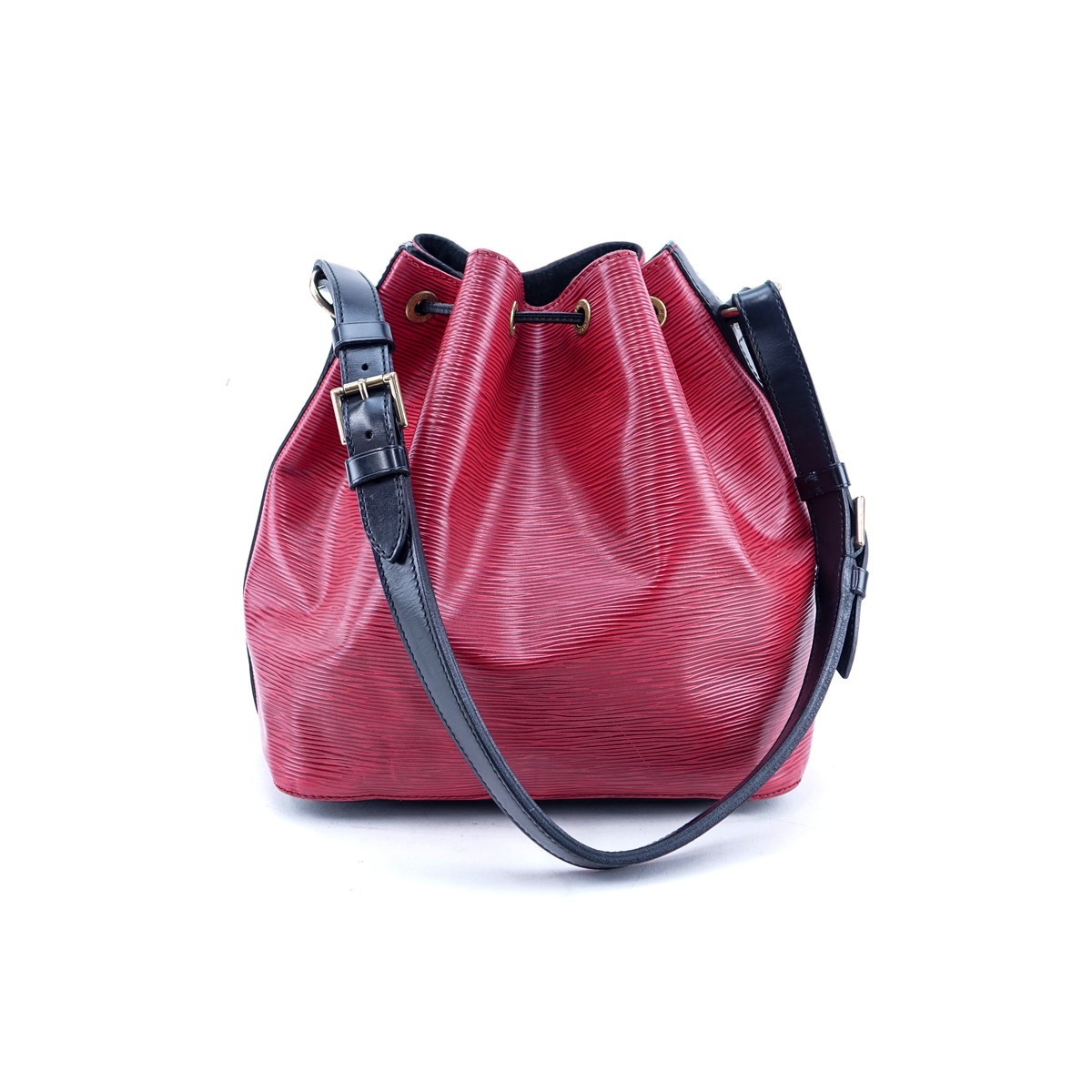 Louis Vuitton Red/Black Epi Leather Noe Bicolor PM Bag. Golden brass hardware, black suede ...