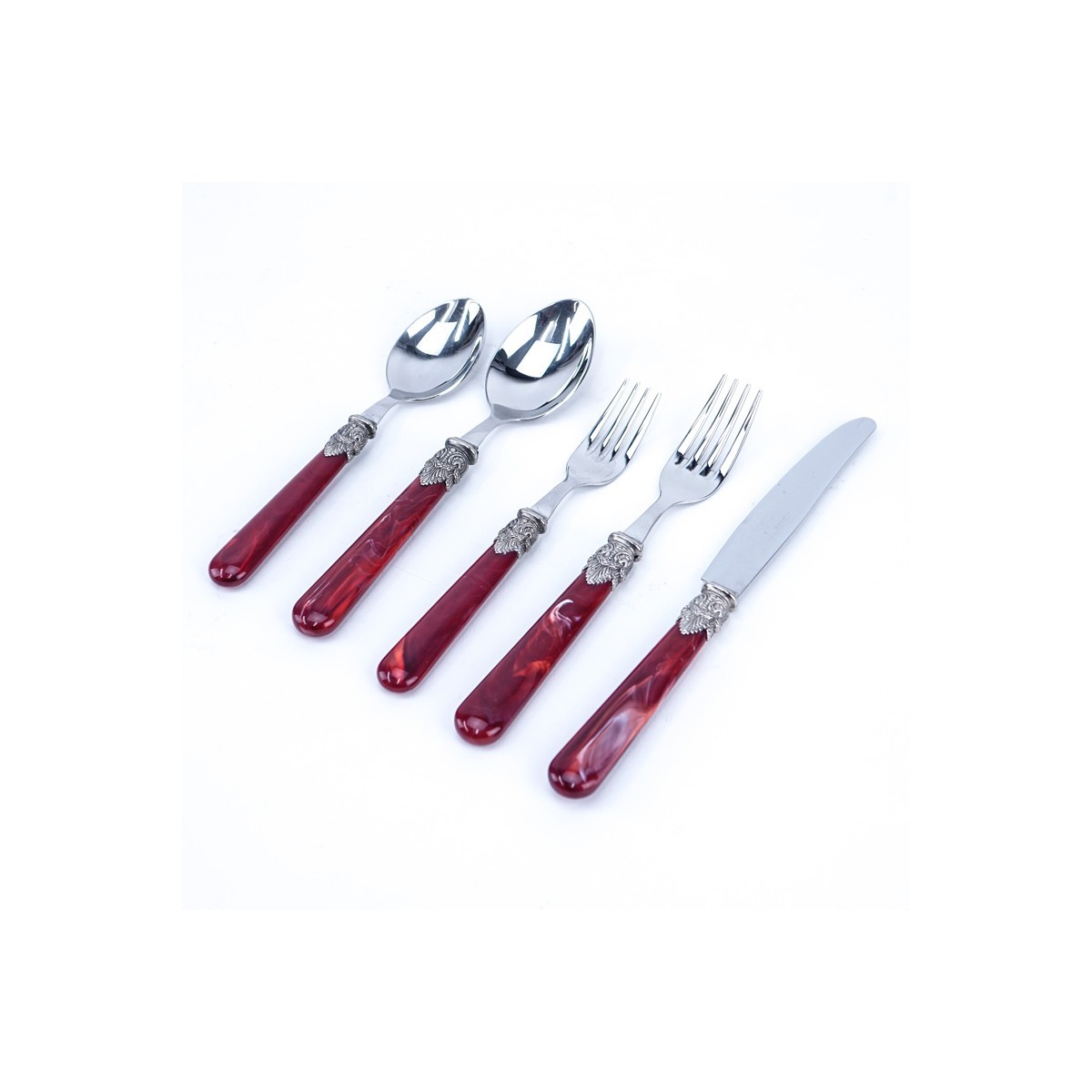 Sixty (60) Piece Italian EME Inox 18/10 Napoleon Pearlized Handle and Stainless Steel Flatware. Includes: 12 dinner forks 7-7/8", 12 salad forks 7", 12 tablespoons 7-3/4", 12 tea spoons 7", 12 knives.
