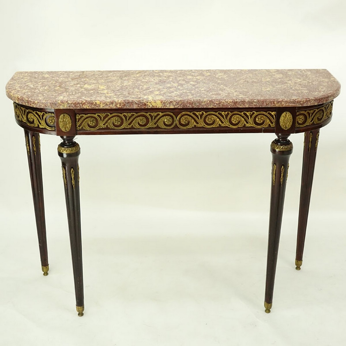 20th Century Louis XVI Style Gilt Bronze Mounted, Marble Top Console Table. Professional restoration to marble top, light scuffs to wood.