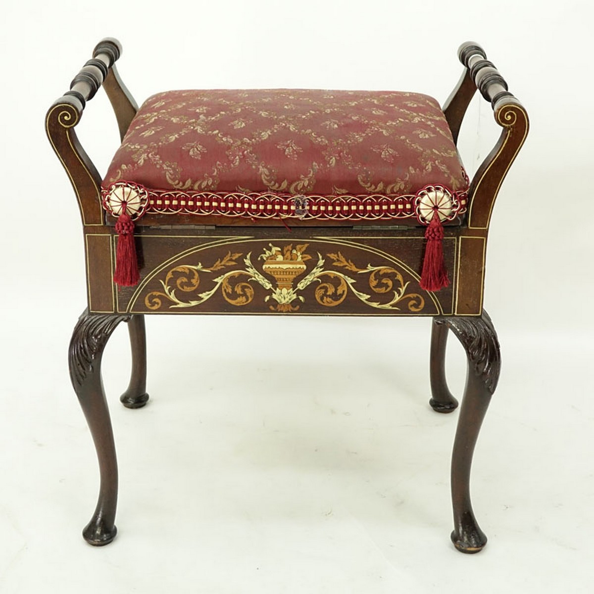 Antique Queen Anne Style Painted and Inlaid Upholstered Bench. Rubbing to varnish, split to wood on one side, light scratches to wood.