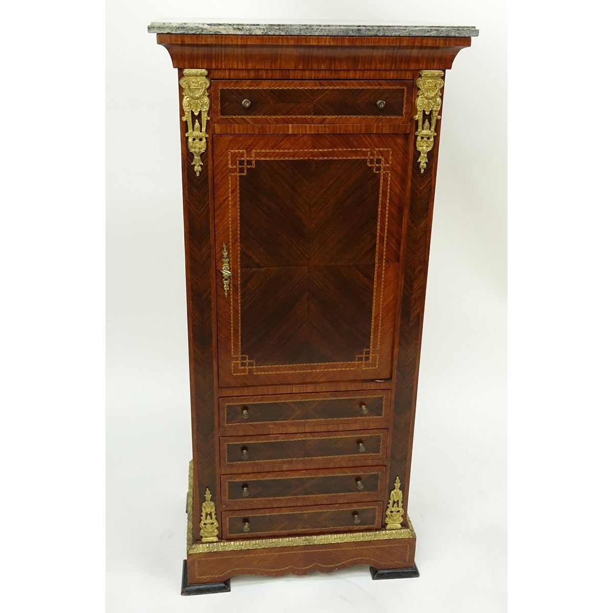 Tall Mid Century Louis XVI Style Gilt Brass Inlaid Secretary Desk with Marble Top. Large center door with four sliding doors, key included.