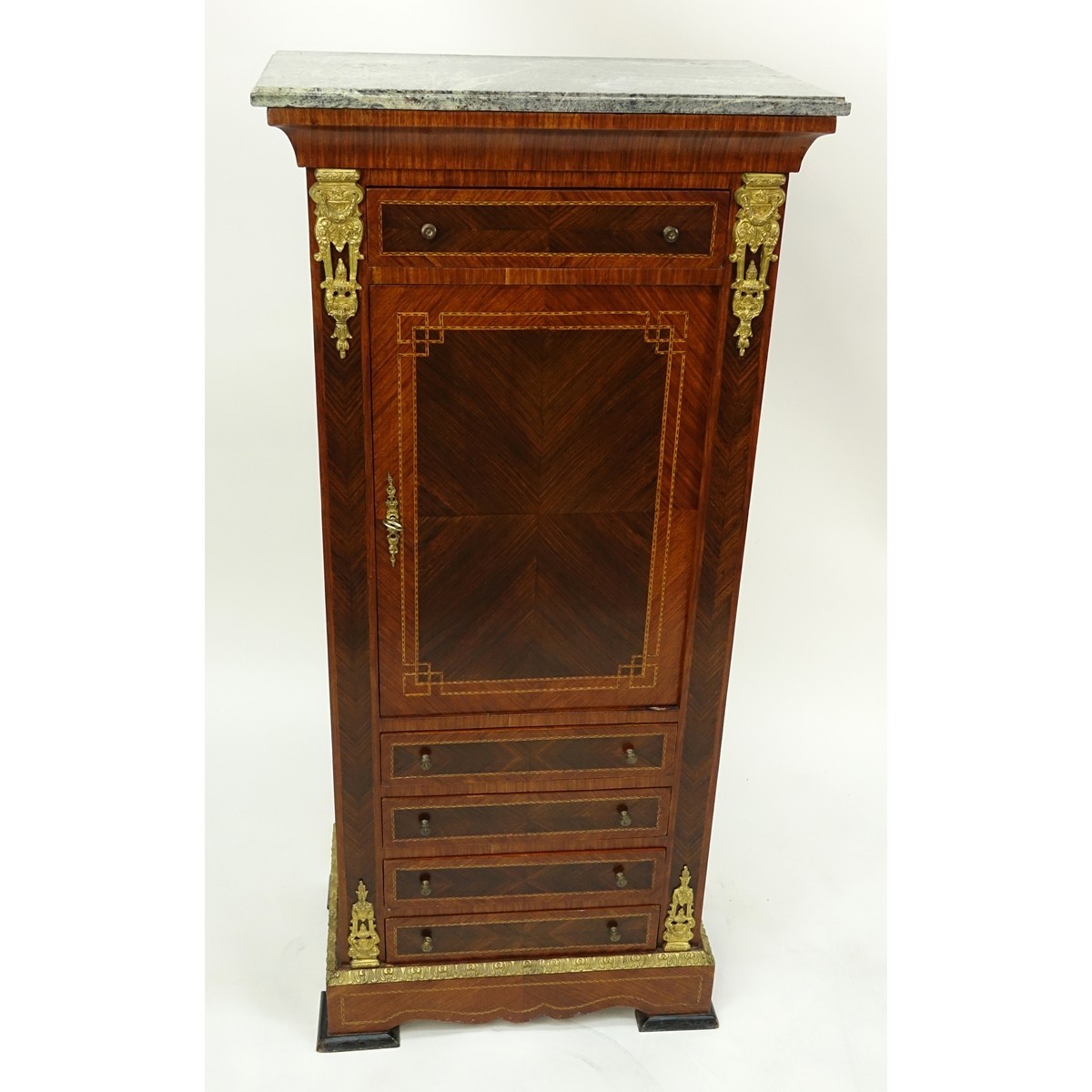 Tall Mid Century Louis XVI Style Gilt Brass Inlaid Secretary Desk with Marble Top. Large center door with four sliding doors, key included.