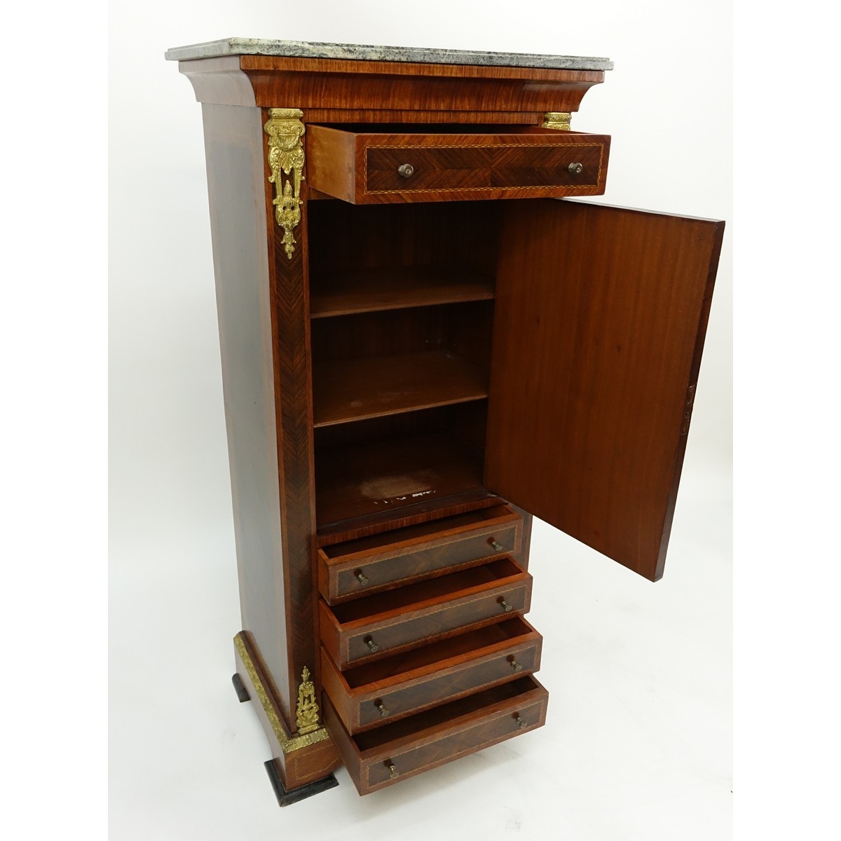 Tall Mid Century Louis XVI Style Gilt Brass Inlaid Secretary Desk with Marble Top. Large center door with four sliding doors, key included.