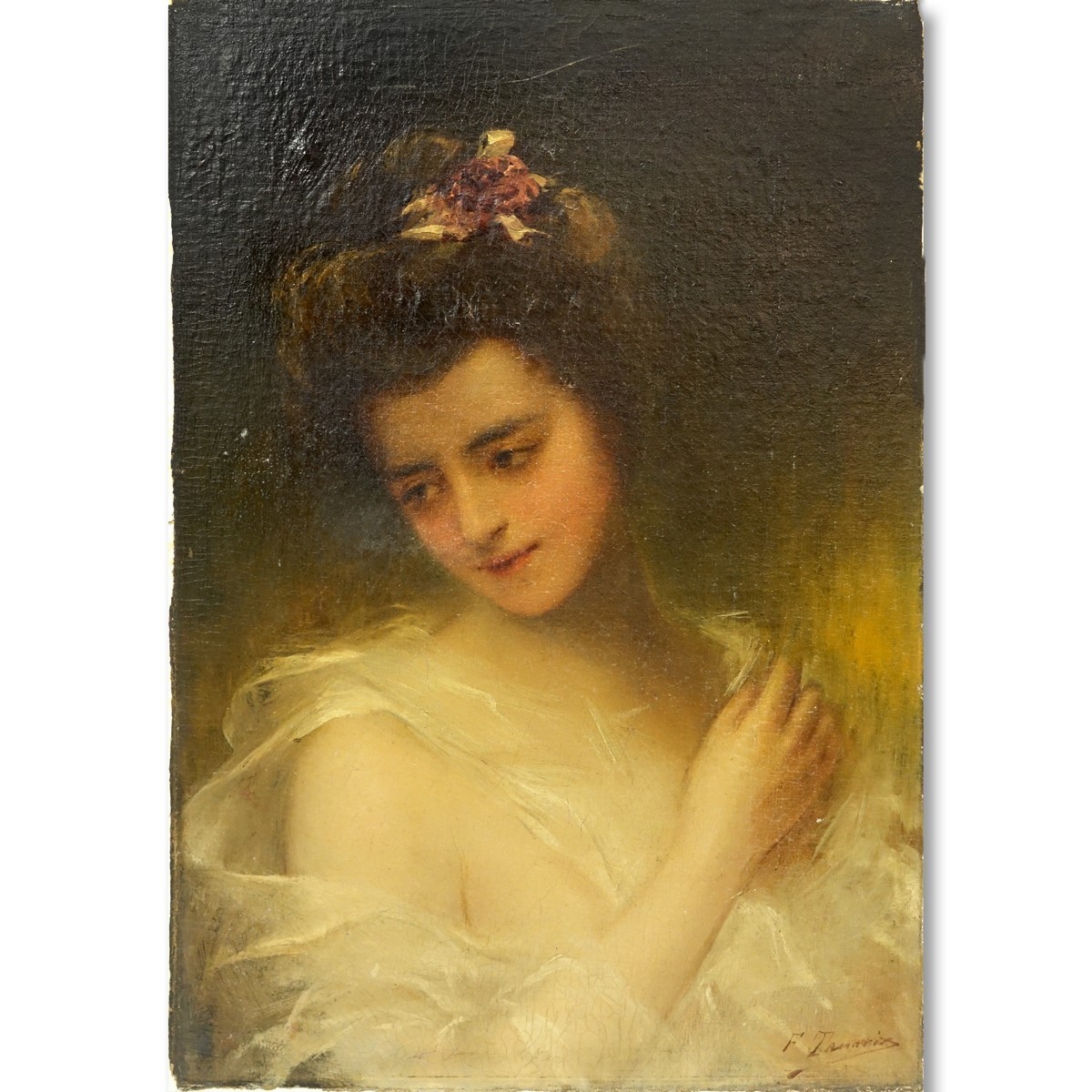 Antique Oil on Canvas Laid on Cardboard, Portrait of a Young Girl, Lower Right. Heavy craquelure to surface, yellowing to varnish.