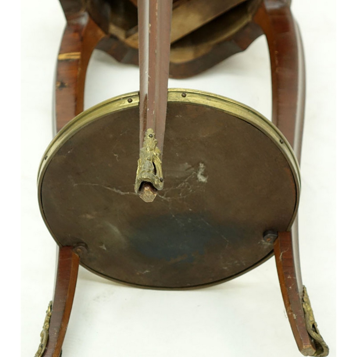 20th Century French Louis XVI Style Parquetry Inlaid Gilt Brass Round Side Table. Single fitted sliding drawer with shelf stretcher.