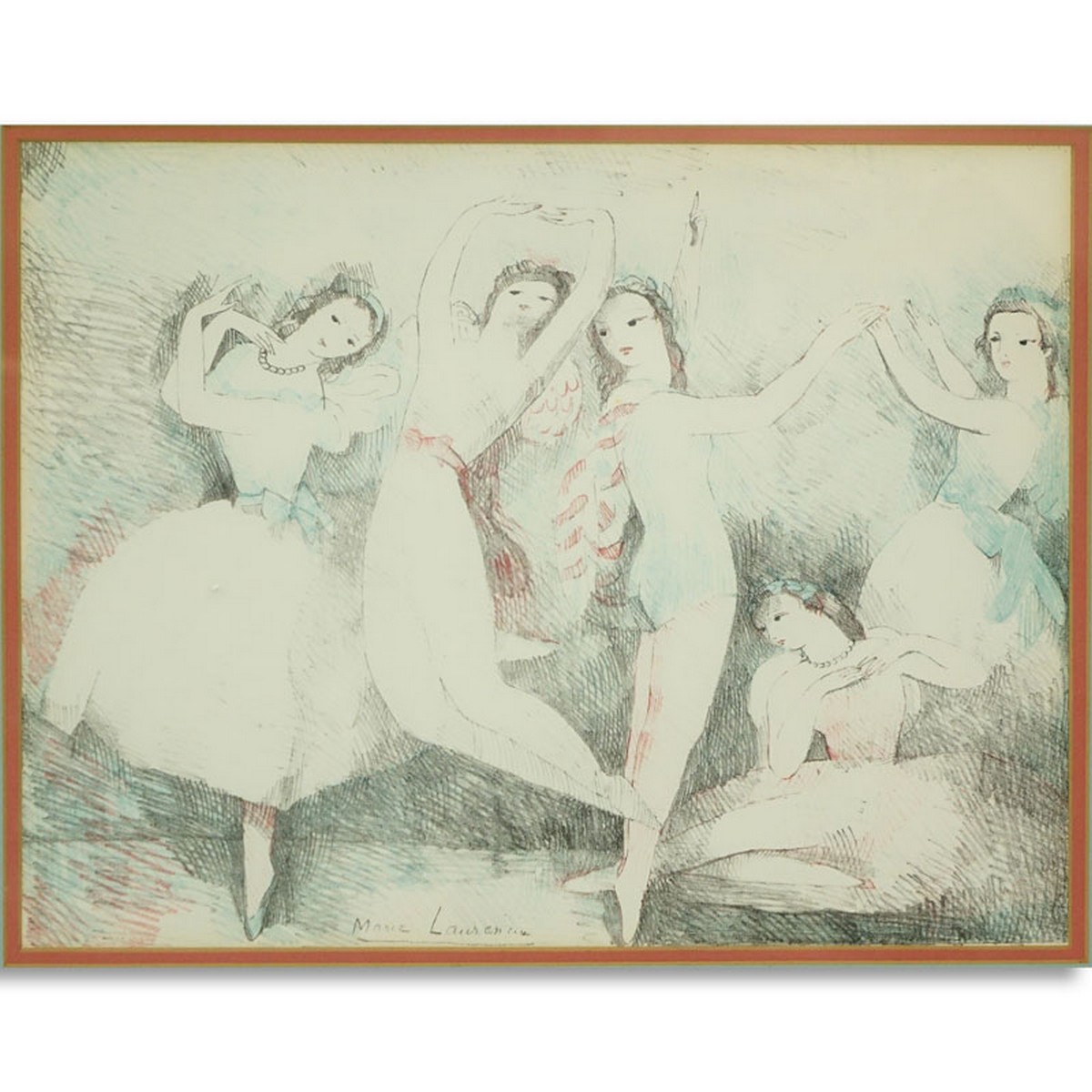 Marie Laurencin, French (1883-1956) Lithograph in Color, Les Fete de la Danse, Signed in the Plate. Nusse Louvre Chalcography mark lower center, remnant of Morgans Art label en verso.
