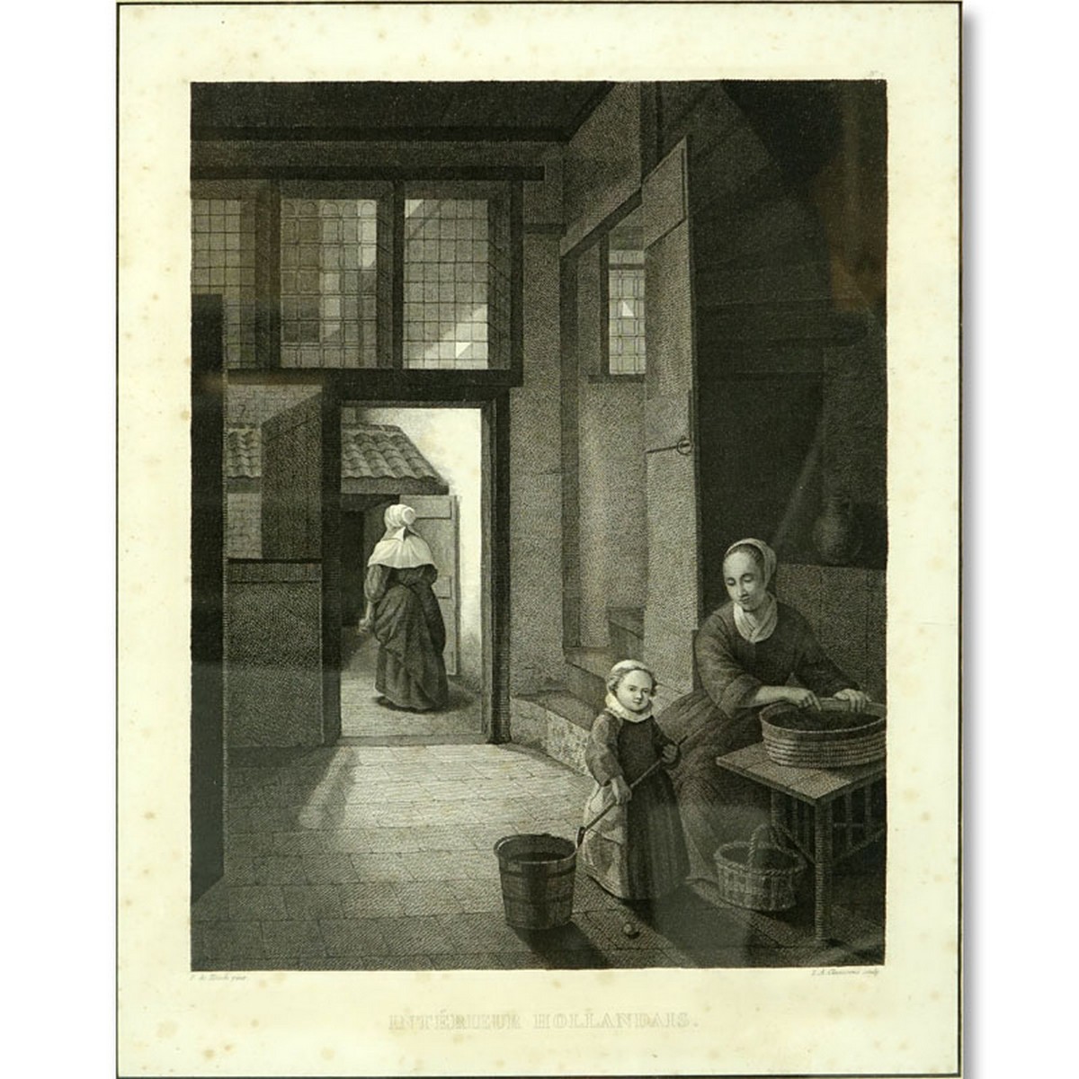After: Pieter de Hooch, Antique Engraving "Interieur Hollandais", L.A. Claessens sculp.