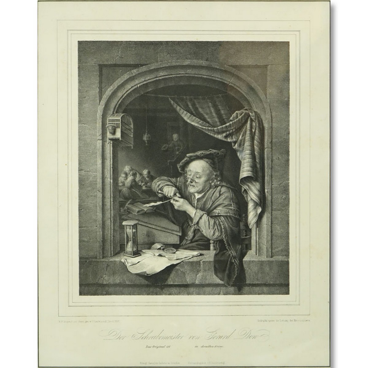 After: Franz Seraph Hanfstaengl, Antique Engraving "der schreibmeister von gerard don", left corner: N.d. original auf stein gez.