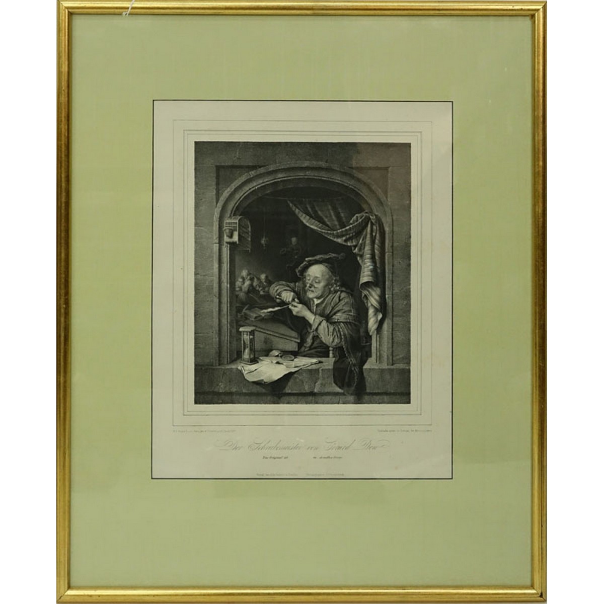 After: Franz Seraph Hanfstaengl, Antique Engraving "der schreibmeister von gerard don", left corner: N.d. original auf stein gez.